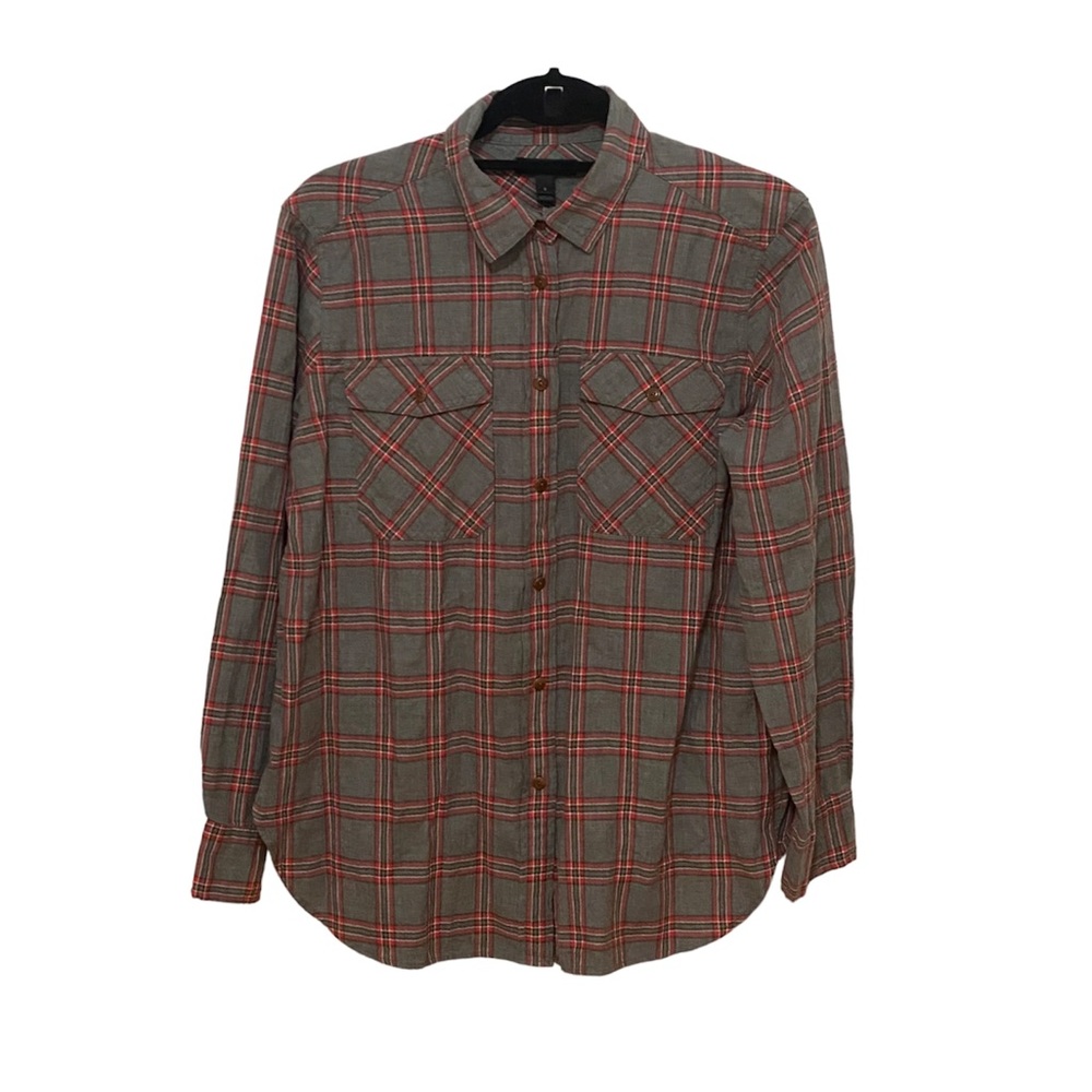 J Crew Red & Grey Plaid Button Up Cotton Shirt Size 8
